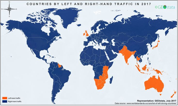 Левостороннее движение страны: Карта: в каких странах правостороннее движение, а в каких — левостороннее