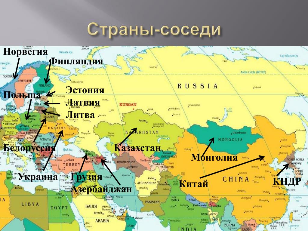 Какие 3 страны граничат с россией