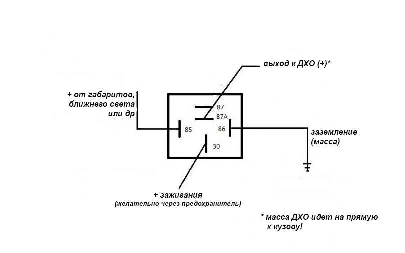 Подключение дхо через реле 5 контактное схема: Как подключить ДХО с отключением при включении ближнего света