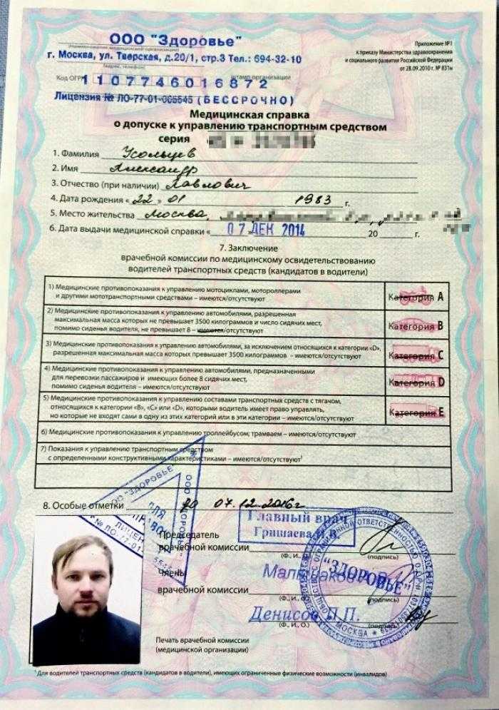 Справка для прохождения медкомиссии на права: Водительская справка 003 В/У