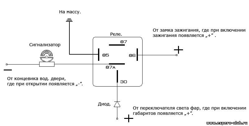 Схема включения реле при заведенном двигателе