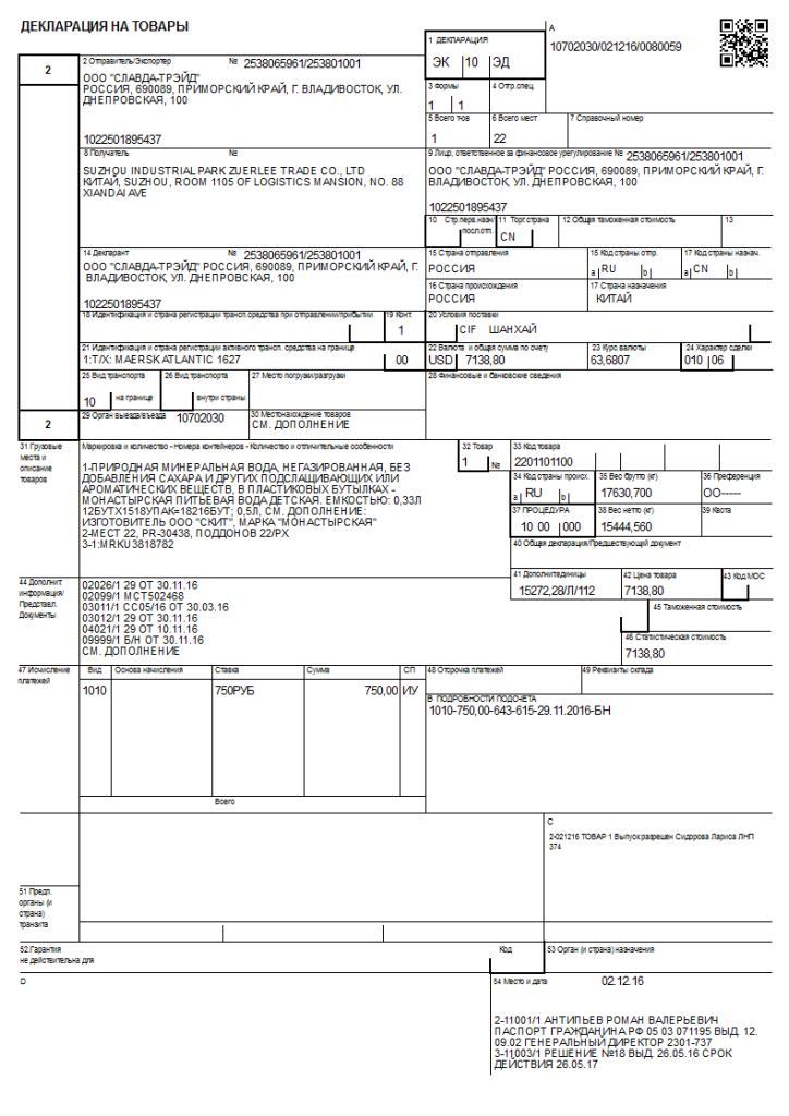 Экспортная таможенная декларация образец