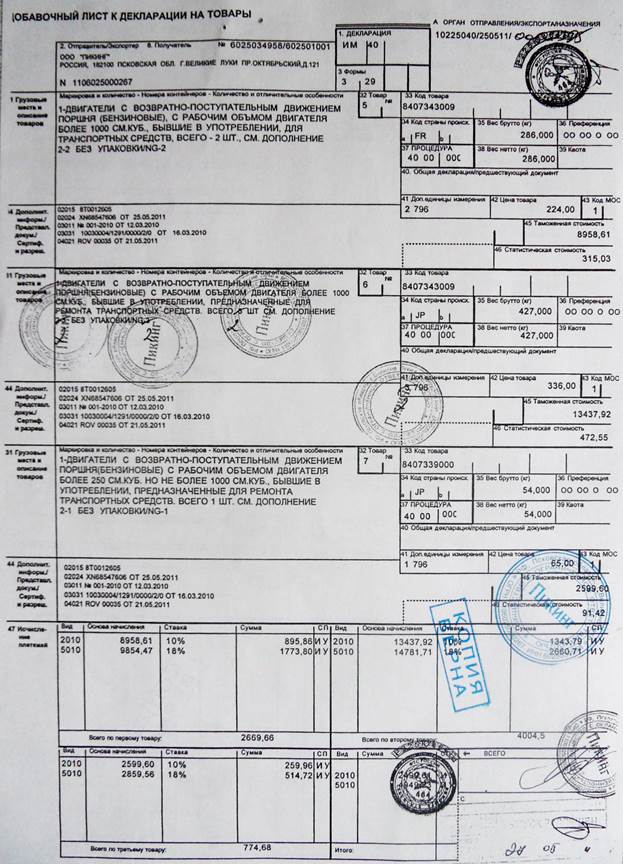 Образец заполнения таможенной декларации на товары