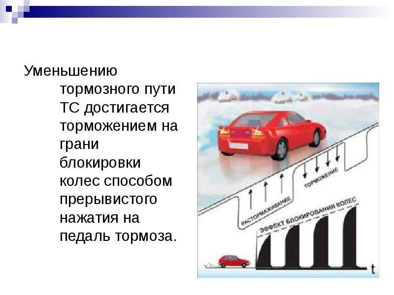 Уменьшение тормозного пути транспортного средства: Уменьшение тормозного пути транспортного средства, не оборудованного антиблокировочной тормозной системой, достигается: