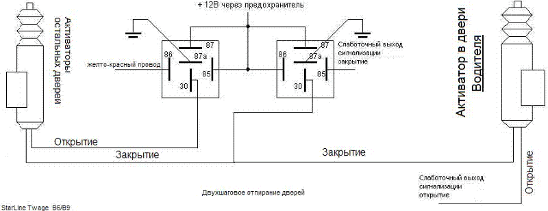 Центральный замок на двух реле схема подключения