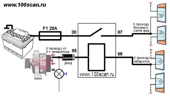 Схема включения ходовых огней от генератора