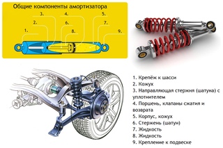 Схема строения амортизатора: пружину или опорный подшипник, отбойник, шток и прочее