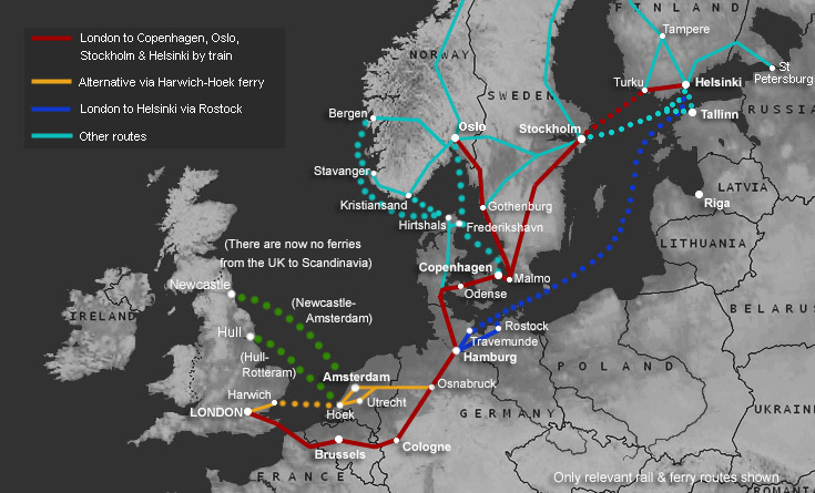 Route map:  London to Stockholm & Gothenburg by train & ferry